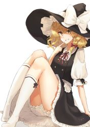 Rule 34 | 1girl, absurdres, ameria (artist), apron, black skirt, black vest, blonde hair, bloomers, buttons, commentary request, flat chest, frilled apron, frilled skirt, frills, grin, hat, highres, kirisame marisa, kneehighs, neck ribbon, red ribbon, ribbon, simple background, sitting, skirt, smile, socks, solo, touhou, underwear, vest, waist apron, white apron, white background, white bloomers, white socks, witch, witch hat, yellow eyes