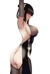 Rule 34 | 1girl, absurdres, armpits, arms up, ass, autumn boar, azur lane, black dress, black hair, blush, breasts, chen hai (azur lane), chen hai (vestibule of wonders) (azur lane), cowboy shot, dress, elbow gloves, from side, gloves, highres, large breasts, looking at viewer, looking to the side, mole, mole on armpit, official alternate costume, parted lips, profile, red eyes, revealing clothes, side-tie dress, sideboob, simple background, solo, thighhighs, white background