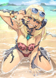 Rule 34 | 1girl, absurdres, animal print, au ra, bangle, beach, bikini, blonde hair, bracelet, breasts, cleavage, commentary request, day, dragon horns, eyewear on head, final fantasy, final fantasy xiv, grin, hide (hideout), highres, horns, jewelry, large breasts, leopard print, long hair, looking at viewer, nail polish, outdoors, partially submerged, purple eyes, purple nails, scales, sitting, smile, solo, sunglasses, swimsuit, w, wariza, warrior of light (ff14)