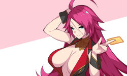 Rule 34 | 1girl, ahoge, arm behind head, black vest, blue eyes, blush, breasts, card, center opening, cleavage, dean (momodean), fate/extra, fate (series), francis drake (fate), grin, highres, large breasts, long hair, looking at viewer, parted bangs, pink background, pink hair, scar, scar on face, smile, two-tone background, vest, white background, wrist cuffs