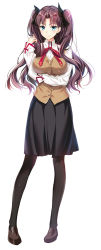 Rule 34 | 1girl, black hair, black pantyhose, black skirt, breasts, brown footwear, brown vest, collared shirt, cross print, fate/stay night, fate (series), full body, highres, homurahara academy school uniform, large breasts, loafers, long hair, long sleeves, medium skirt, neck ribbon, pantyhose, print ribbon, red ribbon, ribbon, school uniform, shirt, shoes, simple background, skirt, solo, standing, tohsaka rin, two side up, vest, white background, white shirt, youta