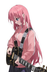 Rule 34 | 1girl, absurdres, black skirt, blue eyes, blush, bocchi the rock!, breasts, cowboy shot, electric guitar, female focus, from side, gibson les paul, gotoh hitori, guitar, highres, holding, holding instrument, holding plectrum, instrument, jacket, light blush, long hair, long sleeves, looking down, music, nai gai, open mouth, pink hair, pink jacket, playing instrument, pleated skirt, plectrum, sidelocks, simple background, skirt, small breasts, solo, standing, sweat, track jacket, white background