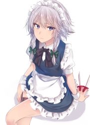 Rule 34 | &gt;:(, 1girl, apron, arm support, asa (coco), between fingers, black ribbon, blue dress, blue eyes, blush, bow, braid, closed mouth, dress, frilled dress, frills, frown, green bow, hair bow, holding, holding knife, izayoi sakuya, knife, knives between fingers, looking at viewer, maid, maid headdress, neck ribbon, puffy short sleeves, puffy sleeves, ribbon, shirt, short hair, short sleeves, silver hair, sitting, solo, touhou, tsurime, twin braids, v-shaped eyebrows, waist apron, white shirt, wrist cuffs