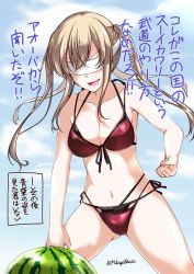 Rule 34 | 10s, 1girl, bikini, blindfold, blonde hair, breasts, cleavage, clenched hand, day, food, front-tie bikini top, front-tie top, fruit, gluteal fold, graf zeppelin (kancolle), kantai collection, layered bikini, legs together, medium breasts, mikage takashi, one-hour drawing challenge, open mouth, outdoors, red bikini, side-tie bikini bottom, sidelocks, smile, solo, standing, stomach, suikawari, swimsuit, translated, twintails, v-shaped eyebrows, watermelon