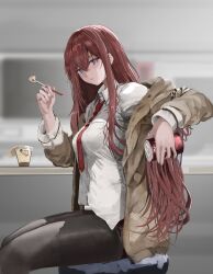 Rule 34 | 1girl, absurdres, black pantyhose, breasts, brown jacket, can, collared shirt, dr pepper, food, hair between eyes, highres, holding, holding can, holding spoon, indoors, jacket, jdep, long hair, long sleeves, looking at viewer, makise kurisu, medium breasts, necktie, open clothes, open jacket, pantyhose, parted lips, pudding, purple eyes, red hair, red necktie, shirt, sidelocks, sitting, solo, spoon, steins;gate, uniform, white shirt