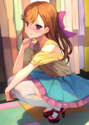 Rule 34 | 1girl, bare shoulders, blue skirt, blush, bow, closed mouth, commentary request, cowengium, frilled skirt, frills, hair bow, hand on own chin, hand up, high heels, highres, long hair, looking at viewer, love live!, love live! superstar!!, off-shoulder shirt, off shoulder, orange hair, pink bow, purple eyes, red footwear, shibuya kanon, shirt, skirt, solo, squatting, thighhighs, white thighhighs, yellow shirt, zettai ryouiki