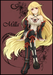 Rule 34 | 1girl, bad id, bad pixiv id, blonde hair, boots, character name, full body, highres, knee boots, crossed legs, long hair, looking at viewer, lyra-kotto, milla (fractured), red background, red eyes, sitting, skirt, smile, solo, tales of (series), tales of xillia, tales of xillia 2, very long hair