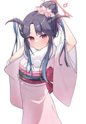 Rule 34 | 1girl, absurdres, arms up, black hair, blue archive, blush, flower, fur trim, fuuka (blue archive), fuuka (new year) (blue archive), hair bun, hair flower, hair ornament, halo, highres, horns, japanese clothes, kimono, looking at viewer, nonddu, purple eyes, sash, simple background, single hair bun, solo, white background