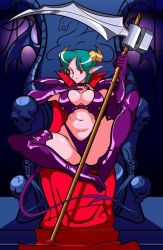 Rule 34 | 1girl, boots, breasts, carrera, demon girl, elbow gloves, gloves, green hair, horns, large breasts, navel, pointy ears, red eyes, solo, thigh boots, thighhighs, watatanza