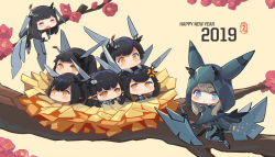Rule 34 | aircraft, airplane, black gloves, black hair, blue eyes, bodysuit, breasts, chibi, closed mouth, closed eyes, fighter jet, flower, gloves, grey hair, highres, j-10b, jet, long hair, mecha musume, military, military vehicle, multiple girls, new year, open mouth, original, personification, ponytail, sima naoteng, smile, yellow eyes