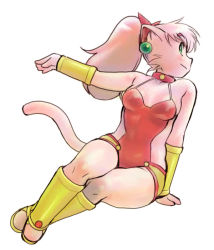 Rule 34 | 1girl, animal ear fluff, animal ears, arm support, artist request, bracer, cat ears, cat girl, cat tail, colored skin, earrings, full body, furry, furry female, green eyes, jewelry, leaning to the side, long hair, miiya miiya, pink hair, ponytail, profile, rpg densetsu hepoi, sideways mouth, simple background, sitting, smile, solo, tail, thick eyebrows, white background