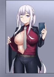 Rule 34 | absurdres, ak-12 (girls&#039; frontline), ak-12 (lucia) (girls&#039; frontline), artificial eye, braid, breasts, business suit, cellphone, cowboy shot, formal, french braid, girls&#039; frontline, highres, holding, holding phone, kaicchi, large breasts, long hair, mechanical eye, necktie, nipples, no bra, one breast out, one eye closed, open clothes, open shirt, opened by self, phone, ponytail, purple eyes, selfie, smartphone, suit, white hair