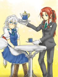 Rule 34 | 2girls, alternate hairstyle, apron, bad id, bad pixiv id, blue eyes, blush, boots, braid, butler, cross-laced footwear, cup, embodiment of scarlet devil, female butler, female focus, formal, fuji tsugu, fujikei shin, gloves, handkerchief, hands on lap, hong meiling, izayoi sakuya, lace-up boots, maid headdress, multiple girls, necktie, pant suit, pants, ponytail, red hair, saucer, sitting, suit, table, tablet, tea set, teacup, teapot, touhou, twin braids, v arms, white hair
