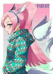 Rule 34 | 10s, 1girl, alternate costume, bad id, bad pixiv id, blue eyes, blue hairband, blush, character name, commentary request, cure parfait, earrings, gradient background, gradient eyes, green background, green eyes, green jacket, hairband, hands in pockets, head wings, highres, jacket, jewelry, kirahoshi ciel, kirakira precure a la mode, long hair, long sleeves, looking at viewer, multicolored eyes, pink background, pink hair, ponytail, precure, print jacket, profile, rudo (rudorudo0917), solo, sparkling eyes, tail, wings