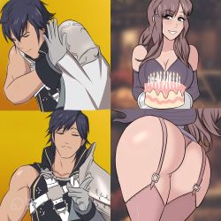 Rule 34 | 1boy, 1girl, absurdres, ass, bra, breasts, cake, cameltoe, chrom (fire emblem), cleavage, drakeposting (meme), fire emblem, fire emblem awakening, food, garter straps, glazinbuns, highres, huge ass, intelligent systems, large breasts, meme, nintendo, panties, pink panties, purple bra, sumia (fire emblem), tagme, thick thighs, thighhighs, thighs, thong, underwear