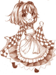 Rule 34 | 1girl, apron, bell, checkered clothes, hair bell, hair ornament, monochrome, motoori kosuzu, open mouth, solo, touhou, twintails, two side up, wide sleeves, yuran (kuen-hien)