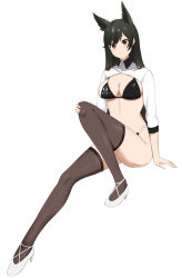 Rule 34 | 1girl, akagi koku, animal ears, atago (azur lane), atago (stunning speedster) (azur lane), azur lane, bikini, black bikini, black hair, breasts, brown eyes, brown thighhighs, cleavage, full body, high heels, highleg, highleg bikini, highres, invisible chair, knee up, large breasts, long hair, long sleeves, looking at viewer, mole, mole under eye, official alternate costume, race queen, shoes, shrug (clothing), simple background, sitting, smile, solo, stomach, string bikini, swimsuit, thighhighs, thighs, white background, white footwear, wing collar