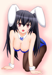 Rule 34 | 10s, 1girl, all fours, alternate costume, alternate headwear, animal ears, bad id, bad pixiv id, bare shoulders, black hair, blush, breasts, cleavage, fake animal ears, female focus, hair ornament, highres, large breasts, leotard, long hair, neptune (series), noire (neptunia), open mouth, pantyhose, playboy bunny, rabbit ears, red eyes, smile, solo, tamaki (tamaki pic), twintails, wrist cuffs