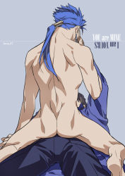 Rule 34 | 2boys, ass, blue hair, clothed male nude male, cu chulainn (fate), fate/stay night, fate (series), kon manatsu, kotomine kirei, cu chulainn (fate/stay night), male focus, multiple boys, nude, ponytail, yaoi