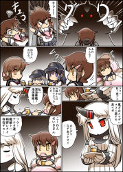 Rule 34 | 10s, 5girls, @ @, abyssal ship, akatsuki (kancolle), arms up, black hair, blanket, brown eyes, brown hair, check translation, claws, closed eyes, collar, comic, cup, detached sleeves, dress, drinking glass, fainting, fang, folded ponytail, futon, grey eyes, hair ornament, hairclip, hat, hibiki (kancolle), hisahiko, holding, holding cup, horns, ikazuchi (kancolle), inazuma (kancolle), jitome, kantai collection, long hair, multiple girls, neckerchief, open mouth, pillow, pleated skirt, red eyes, revision, school uniform, seaport princess, serafuku, shirt, short hair, silhouette, single horn, skirt, translation request, tray, under covers, waking up, white hair