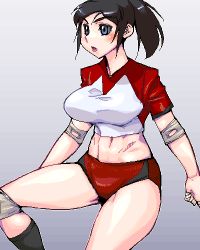 Rule 34 | 1girl, aliasing, black hair, blue eyes, breasts, buruma, character request, copyright request, elbow pads, female focus, large breasts, lowres, matagitii, midriff, oekaki, ponytail, solo, source request, thighs