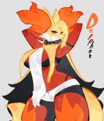 Rule 34 | animal ear fluff, animal ears, arms up, black fur, blonde hair, breasts, collar, creatures (company), delphox, embarrassed, fox ears, fox girl, fox tail, furry, furry female, game freak, gen 6 pokemon, highres, large breasts, looking at viewer, multiple girls, nintendo, orange fur, pokemon, pokemon (creature), red eyes, short shorts, shorts, tail, thick thighs, thighs, togetoge, wide hips, yellow fur