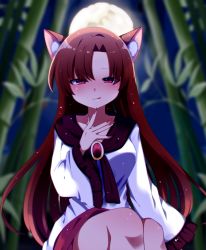 Rule 34 | 1girl, absurdres, animal ears, bamboo, blush, brown hair, closed mouth, dress, feet out of frame, fingernails, frilled sleeves, frills, full moon, highres, imaizumi kagerou, long fingernails, long hair, long sleeves, moon, nail polish, red dress, red eyes, red nails, sharp fingernails, smile, solo, tongue, tongue out, touhou, white dress, wide sleeves, wolf ears, you (noanoamoemoe)