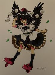 Rule 34 | 1girl, :o, arm up, bird wings, black hair, black skirt, black socks, black wings, bright pupils, dated, frilled skirt, frills, full body, furiba 794, geta, hand up, hat, highres, kneehighs, leaf, looking at viewer, open mouth, pom pom (clothes), puffy short sleeves, puffy sleeves, red eyes, red footwear, red hat, shameimaru aya, shirt, short hair, short sleeves, simple background, skirt, socks, solo, tokin hat, touhou, traditional media, white background, white shirt, wings