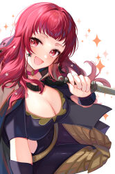 Rule 34 | 1girl, bodysuit, breasts, cape, choker, cleavage, clothing cutout, commentary, facial mark, fire emblem, fire emblem engage, hair ornament, highres, holding, holding knife, knife, large breasts, nintendo, red eyes, red hair, satoimo chika, short sleeves, side cutout, simple background, smile, solo, star (symbol), star facial mark, star hair ornament, white background, yunaka (fire emblem)