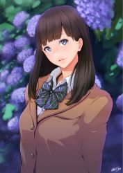 Rule 34 | 1girl, arms at sides, artist name, blue eyes, blurry, breast pocket, brown hair, collared shirt, depth of field, flower, hydrangea, long hair, looking at viewer, nanahime, original, parted lips, pocket, school uniform, shirt, signature, solo, upper body