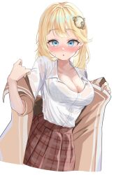 Rule 34 | 1girl, blonde hair, blue eyes, blush, bra, bra visible through clothes, breasts, cleavage, collared shirt, commentary, dripping, english commentary, hair ornament, hashtag-only commentary, heart, heart-shaped pupils, highres, hololive, hololive english, hot, jacket, large breasts, looking at viewer, medium hair, mole, mole on breast, nervous smile, open mouth, removing jacket, rimu (user akkm3425), see-through, see-through shirt, shirt, simple background, skirt, smile, solo, sweat, sweaty clothes, swept bangs, symbol-shaped pupils, underwear, upper body, virtual youtuber, watson amelia, watson amelia (1st costume), white background, white shirt