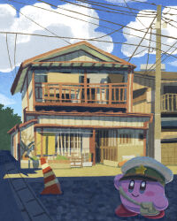 Rule 34 | balcony, blue eyes, blush stickers, brown bag, bush, closed mouth, cloud, commentary, day, highres, house, kirby, kirby (series), mailman, miclot, nintendo, no humans, outdoors, pink footwear, plant, potted plant, power lines, rural, scenery, shoes, smile, traffic cone, utility pole, white headwear
