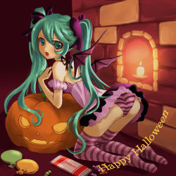 Rule 34 | 1girl, bad id, bad pixiv id, candy, demon wings, food, green eyes, green hair, halloween, happy halloween, hatsune miku, jack-o&#039;-lantern, long hair, looking back, open mouth, panties, pantyshot, pumpkin, purple thighhighs, solo, striped clothes, striped panties, striped thighhighs, thighhighs, twintails, underwear, vocaloid, wings, yayoi (egoistic realism)