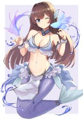 Rule 34 | 1girl, bikini, border, breasts, brown hair, cleavage, collarbone, commentary request, fins, fish, full body, green eyes, head fins, highres, kou v05first, large breasts, long hair, mermaid, monster girl, navel, one eye closed, original, scales, swimsuit, white border