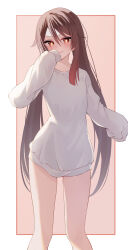 Rule 34 | 1girl, absurdres, bare legs, blush, brown eyes, brown hair, cowboy shot, feet out of frame, genshin impact, hair between eyes, hand to own mouth, hand up, highres, hu tao (genshin impact), knees together feet apart, kurage ao, long hair, long shirt, long sleeves, naked shirt, open mouth, orange eyes, outside border, red eyes, shirt, simple background, sleeves past fingers, sleeves past wrists, smile, smirk, solo, standing, symbol-shaped pupils, thigh gap, two-tone background, very long hair, white shirt