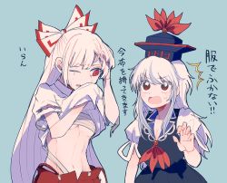 Rule 34 | 2girls, ^^^, blue background, blue dress, blue hair, blue headwear, bow, breasts, chest sarashi, cleavage, clothes lift, commentary request, dress, fujiwara no mokou, hair bow, hat, itomugi-kun, kamishirasawa keine, long hair, midriff, multicolored hair, multiple girls, navel, one eye closed, open mouth, pants, red bow, red eyes, red pants, sarashi, shirt, shirt lift, short sleeves, simple background, suspenders, suspenders hanging, torn clothes, torn sleeves, touhou, translated, two-tone hair, upper body, white bow, white hair, white shirt