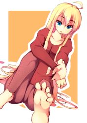 Rule 34 | 1girl, ahoge, barefoot, blonde hair, blouse, blue eyes, blush, feet, foot focus, hasumi takashi, long hair, orange background, original, pointy ears, red shirt, shirt, simple background, soles, solo, toes, very long hair, white background