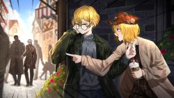 Rule 34 | 1boy, 1girl, 6+others, baseball cap, black vest, blonde hair, blue pants, brown pants, coat, collared shirt, don quixote (project moon), game cg, green coat, hat, highres, limbus company, multiple others, nai ga, official art, pants, project moon, round eyewear, shirt, short hair, sinclair (project moon), sweater, town, turtleneck, turtleneck sweater, vest, white shirt, yellow eyes