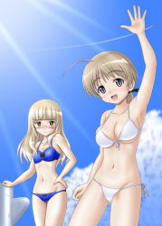 Rule 34 | 00s, 2girls, bikini, blonde hair, blue eyes, blush, braid, breasts, brown hair, cloud, day, glasses, long hair, lynette bishop, medium breasts, multiple girls, mushoku no hourousha, perrine h. clostermann, single braid, sky, small breasts, strike witches, striker unit, swimsuit, world witches series, yellow eyes