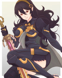 Rule 34 | absurdres, alternate color, alternate hair color, black hair, cape, corrin (female) (fire emblem), corrin (fire emblem), fire emblem, fire emblem fates, hairband, highres, long hair, nintendo, official alternate costume, pointy ears, puffy sleeves, red eyes, shorts, simple background, super smash bros., sword, thighs, truejekart, weapon