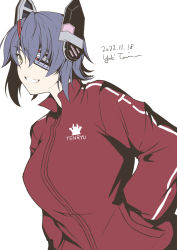 Rule 34 | 1girl, character name, dated, eyepatch, grin, hand in pocket, headgear, highres, jacket, kantai collection, purple hair, red jacket, short hair, signature, smile, solo, taira yuuki, tenryuu (kancolle), track jacket, upper body, yellow eyes