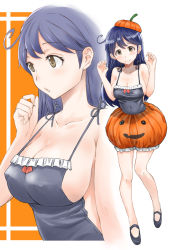 Rule 34 | 1girl, ahoge, akito (pixiv3623507), alternate costume, bad id, bad pixiv id, bare shoulders, blush, breasts, cleavage, closed mouth, collarbone, commentary request, cosplay, covered erect nipples, frilled skirt, frills, full body, hair between eyes, halloween, kantai collection, large breasts, libeccio (kancolle), libeccio (kancolle) (cosplay), long hair, looking at viewer, multiple views, navel, no bra, open mouth, pumpkin hat, pumpkin skirt, purple hair, shoes, sideboob, simple background, skirt, smile, standing, ushio (kancolle), white background, yellow eyes
