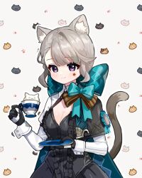 Rule 34 | 1girl, animal ear fluff, animal ears, animal print, blunt bangs, braid, cat ears, cat girl, cat print, cat tail, commentary request, cup, facial tattoo, forehead, genshin impact, grey hair, holding, holding cup, long hair, long sleeves, looking at viewer, lynette (genshin impact), miyako draw, parted bangs, purple eyes, sidelocks, simple background, single braid, smile, solo, star tattoo, tail, tattoo, teacup, two-tone gloves, white background
