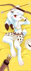 Rule 34 | 1girl, absurdres, ancesra, animal feet, animal nose, animal print, arms up, arrow (projectile), artist name, bare shoulders, barefoot, bed sheet, belt, bike shorts, blush, body fur, bow (weapon), breasts, character name, commission, crop top, dakimakura (medium), dated, ears down, feet, female focus, from above, full body, fur (clothing), furry, furry female, gloves, grin, half-closed eye, happy, hat, highres, holding, holding arrow, leopard print, looking at viewer, lying, midriff, on back, one eye closed, original, quiver, rabbit ears, rabbit girl, rabbit tail, red eyes, shirt, short hair, sleeveless, sleeveless shirt, small breasts, smile, snout, solo, split mouth, unworn hat, unworn headwear, watermark, weapon, white fur, white gloves, white hair, white hat, white shirt, wink, yellow background