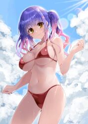 1girl :3 alternate_costume artist_name backlighting bare_shoulders bikini blue_hair blue_sky blunt_bangs blush breasts closed_mouth cloud cloudy_sky collarbone commentary_request commission cowboy_shot curvy day flower gradient_hair gyaru hair_flower hair_ornament halterneck kohibari_kurumi large_breasts long_hair looking_at_viewer multicolored_hair navel outdoors paopao pink_flower pink_hair red_bikini sidelighting sidelocks skeb_commission skindentation sky smile solo stomach sunlight swimsuit tenshi_souzou_re-boot! twintails yellow_eyes