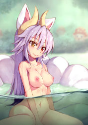 Rule 34 | 1girl, animal ears, blurry, blurry background, breasts, closed mouth, collarbone, completely nude, forest, fox ears, fox tail, heterochromia, highres, horns, kitsune, kuon (shinrabanshou), kyuubi, long hair, looking at viewer, medium breasts, multiple tails, nature, navel, nipples, nude, partially submerged, partially underwater shot, purple hair, saru 000, shinrabanshou, smile, solo, tail, underwater