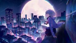 Rule 34 | 1girl, blue eyes, building, city, city lights, cityscape, full moon, headphones, headphones around neck, highres, hood, hoodie, light particles, long sleeves, looking ahead, moon, moonlight, night, night sky, original, outdoors, red light, red ribbon, ribbon, rooftop, scenery, school uniform, shooting star, short hair, sitting, sky, skyline, skyscraper, solo, sparkle, spire, star (sky), starry sky, sweater, tsukiiro, white hair, wire