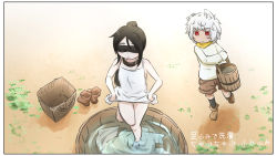 Rule 34 | 2girls, animal ear fluff, animal ears, bare arms, bare legs, bare shoulders, barefoot, basket, black collar, black hair, black socks, blindfold, boots, unworn boots, brown footwear, bucket, collar, collarbone, commentary request, day, dress, empty eyes, highres, holding, holding bucket, kneehighs, long hair, multiple girls, neon-tetora, notched ear, original, outdoors, parted bangs, ponytail, red eyes, skirt hold, sleeveless, sleeveless dress, socks, standing, standing on one leg, translation request, very long hair, walking, water, white dress, white hair, wooden bucket