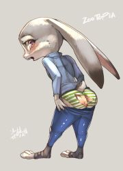 Rule 34 | 1girl, animal ears, ass, black footwear, blue pants, blush, buck teeth, clothes pull, copyright name, embarrassed, english text, female focus, flat chest, from behind, full body, furry, furry female, green panties, judy hopps, looking at viewer, looking back, nick wilde, nose blush, open-toe shoes, open mouth, panties, pants, pants pull, pink eyes, police, police uniform, policewoman, rabbit ears, rabbit tail, shiny clothes, shourin bonzu, solo, standing, striped clothes, striped panties, tail, teeth, underwear, uniform, zootopia
