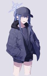 Rule 34 | 1girl, absurdres, aged down, bandage on face, bandages, baseball cap, black hat, black shorts, blue archive, blue eyes, blue hair, blue jacket, blue shirt, cuts, dark blue hair, gauze, grey background, halo, hands in pockets, hat, highres, hood, hood down, hooded jacket, injury, jacket, long sleeves, looking at viewer, open clothes, open jacket, parted lips, ponytail, saiun sigma, saori (blue archive), scratches, shirt, shorts, simple background, smile, solo